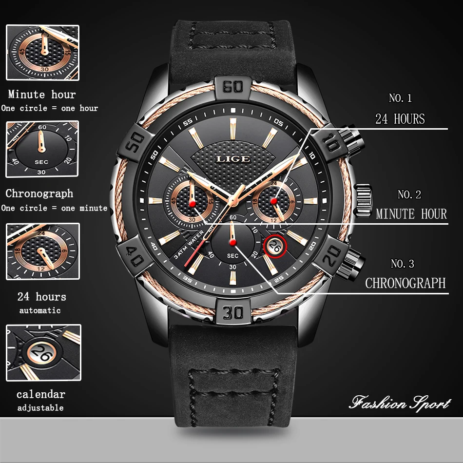 Horloges Mannen LIGE мужские модные повседневные водонепроницаемые кварцевые часы с кожаным ремешком, мужские часы от ведущего бренда, роскошные спортивные часы с хронографом