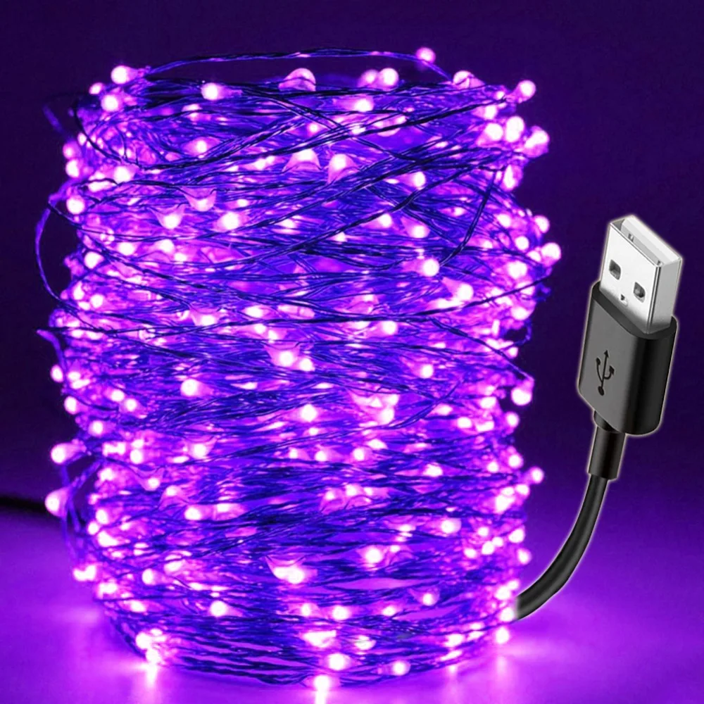10 м светодиодный черный светильник, УФ-гирлянда, USB, для рождества, Хэллоуина, вечерние, водонепроницаемый, DIY, барная лампа, бактерицидный, для сцены, дом с привидениями, Ультрафиолетовый