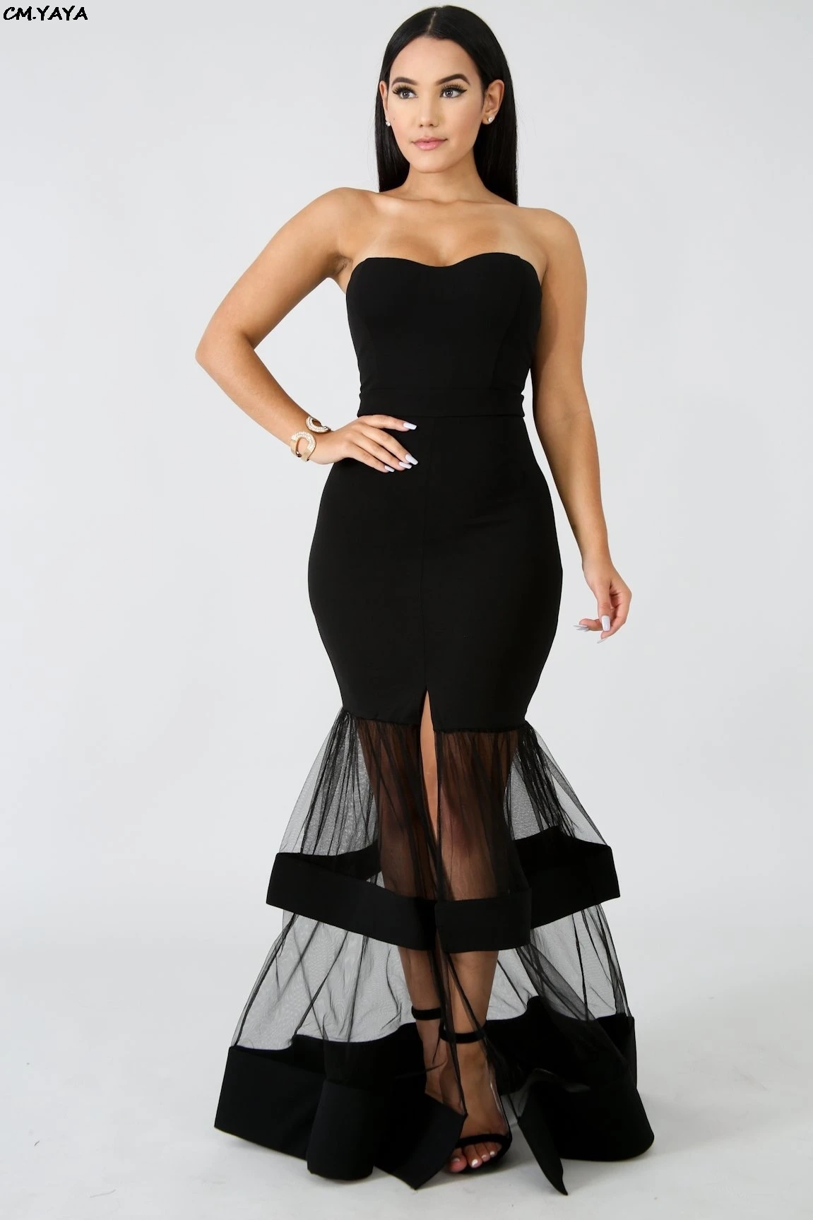 Женское платье макси без бретелек с каскадными рюшами винтажное длинное в стиле