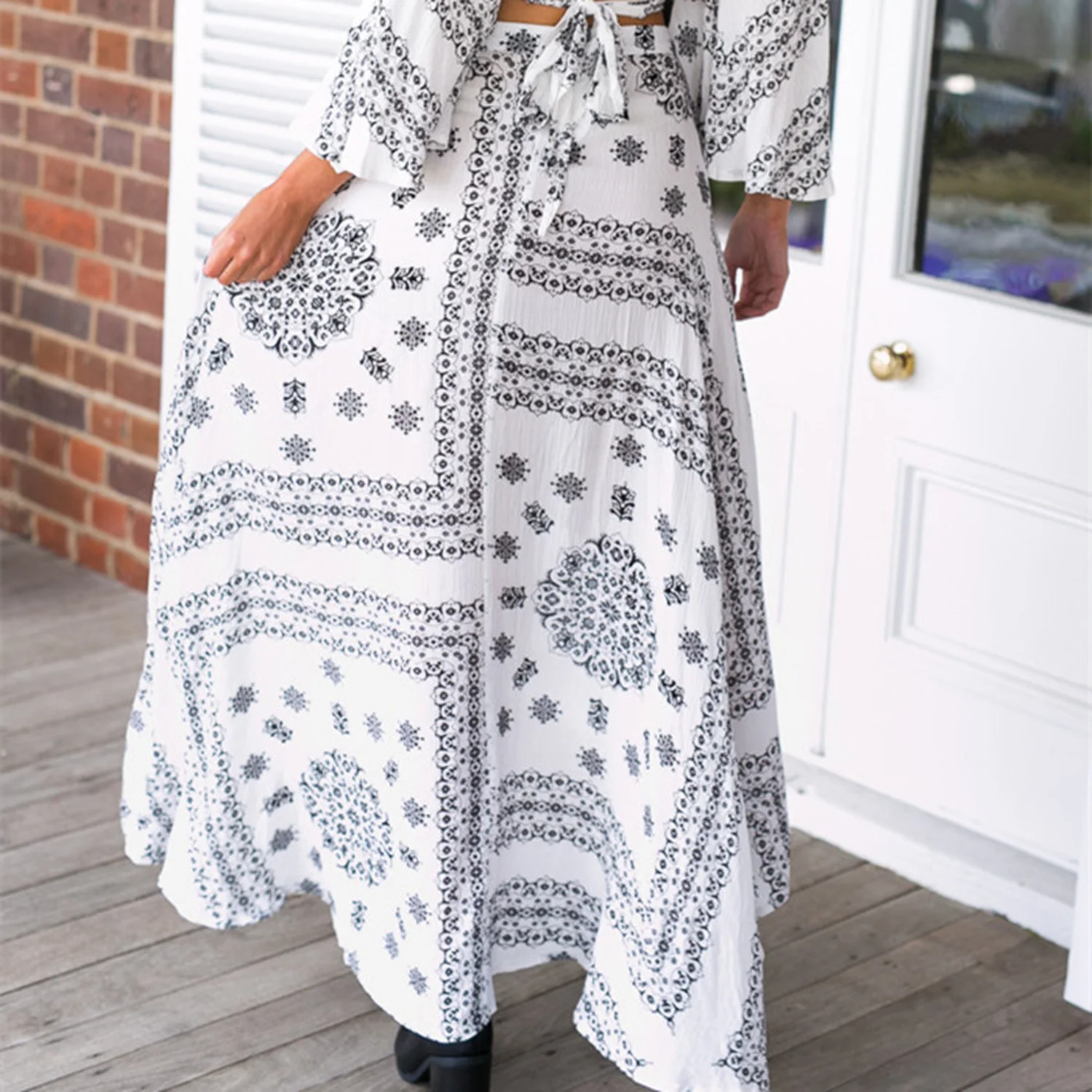 Женская юбка с принтом в богемном стиле асимметричным подолом горчичного и