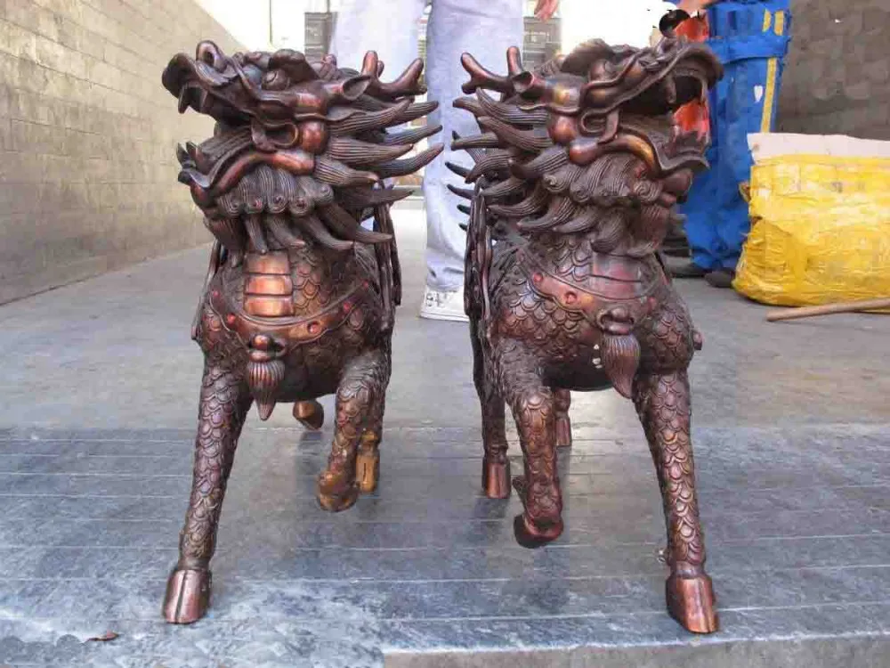 16 в китайском стиле Красный цвет бронза Медь Feng Shui зло Foo Dog Лев kylin статуя Kirin