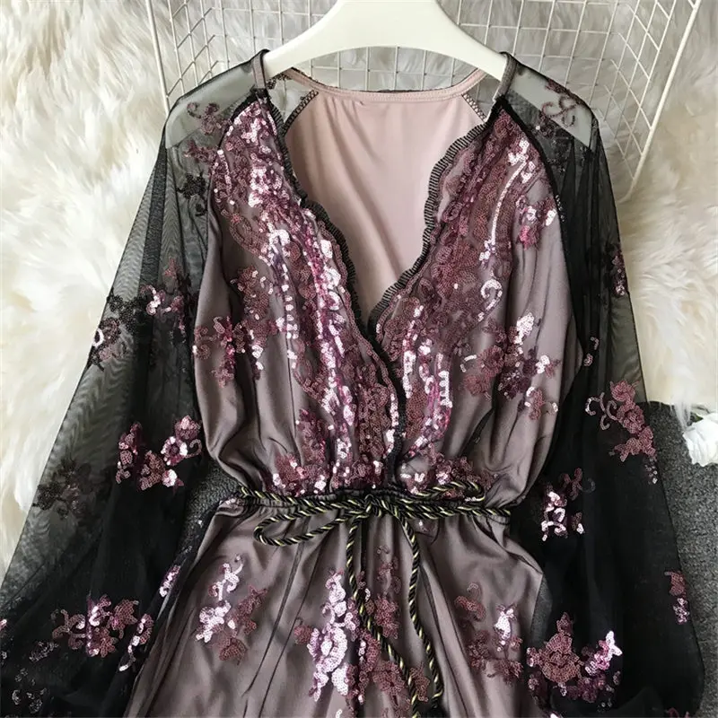 Женский комбинезон с блестками LUOSHA клубный длинными сетчатыми рукавами глубоким