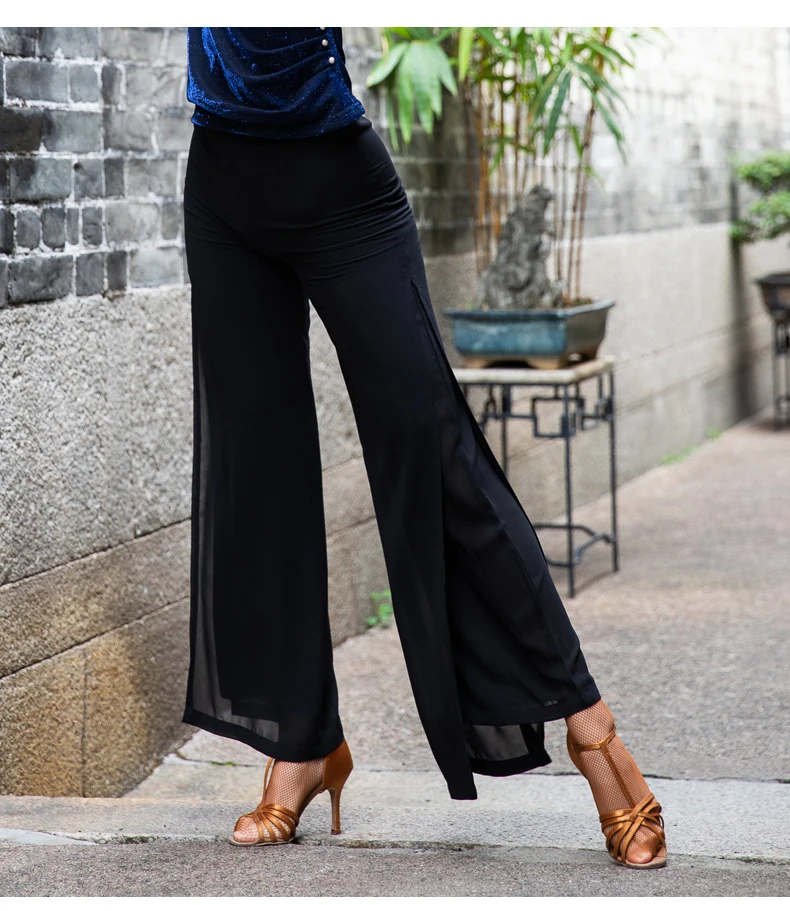 Брюки для латинских танцев черные шифоновые свободные брюки ча Румба Самба Фламенго Бальные женские тренировочные одежда для выступлений DNV11683