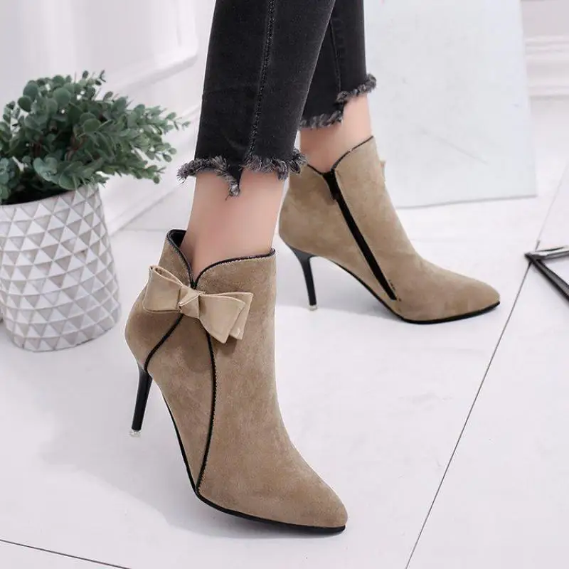 2017 г. Новые Осенние Замшевые полусапожки на высоком каблуке с острым носком