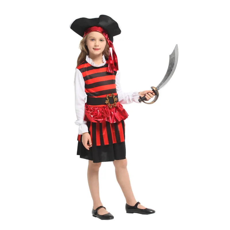 Kids Child Cute Red Black Striped Pirate Buccaneer Costume for Girls Fancy Halloween Carnival Party Masquerade Mardi Gras Dress |