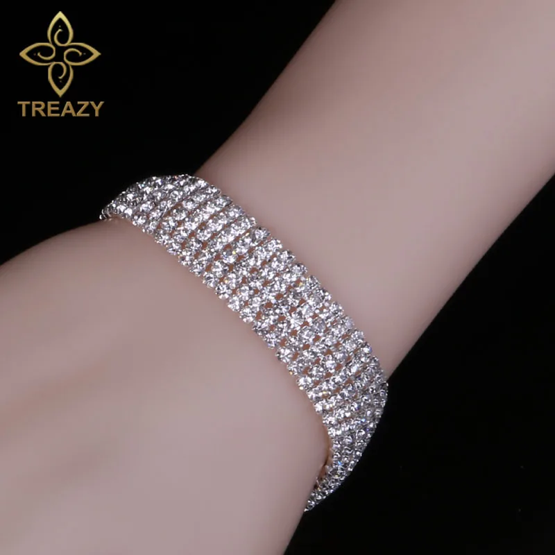 Модные свадебные браслеты TREAZY 6 рядов Стразы с кристаллами для женщин серебряные