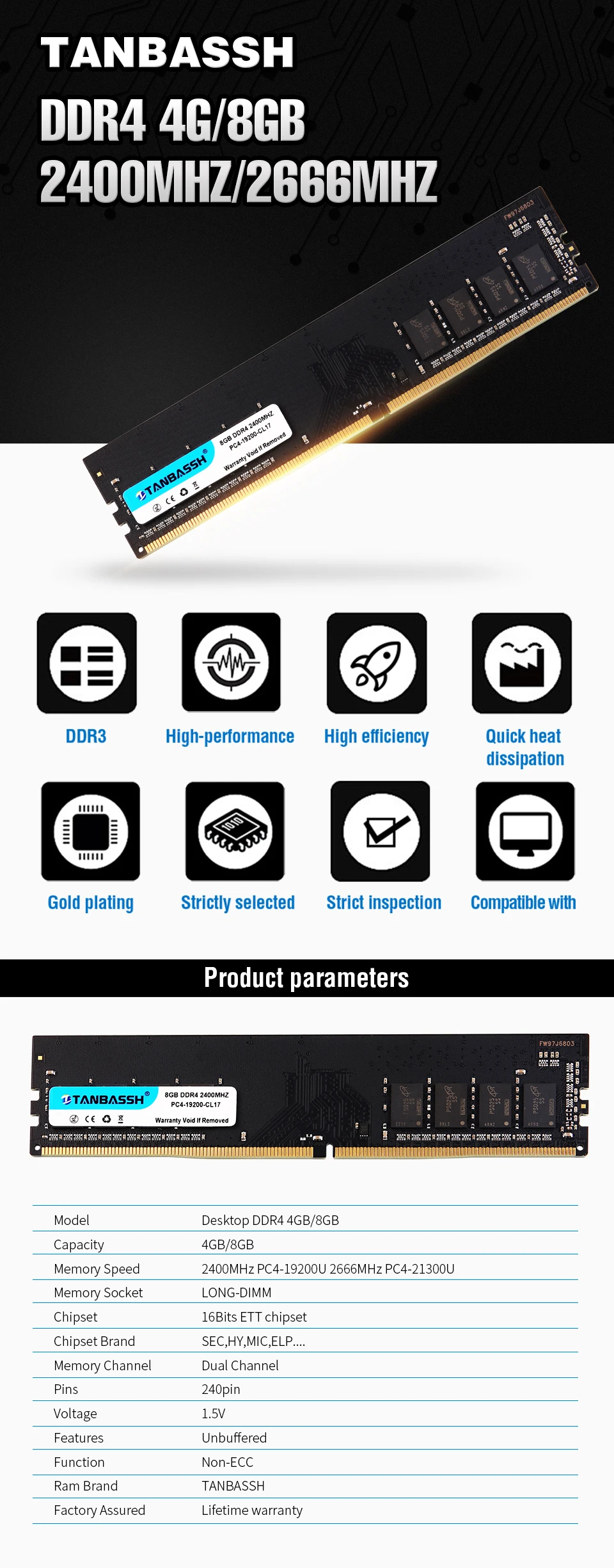 Память ddr4 DDR4 ram 4 GB/8 GB/16 GB 2400 MHZ/2666 MHZ PC DIMM 288pin Tanbassh