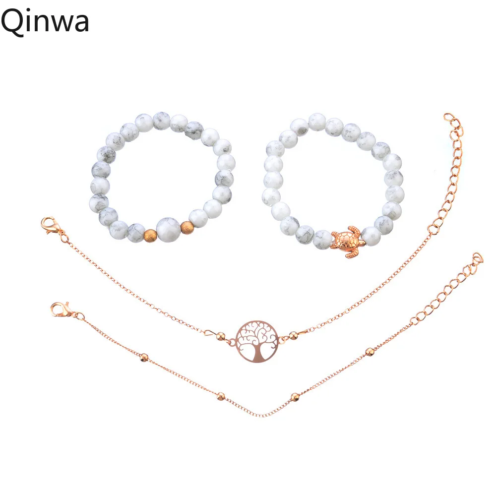 2019 New 4 pcs/set Tree of life Charm Bracelet Set For Women Turtle Beads Link Chain Bangles Jewelry Accessories | Украшения и