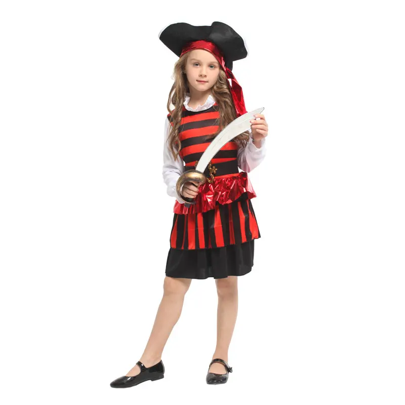 Kids Child Cute Red Black Striped Pirate Buccaneer Costume for Girls Fancy Halloween Carnival Party Masquerade Mardi Gras Dress |