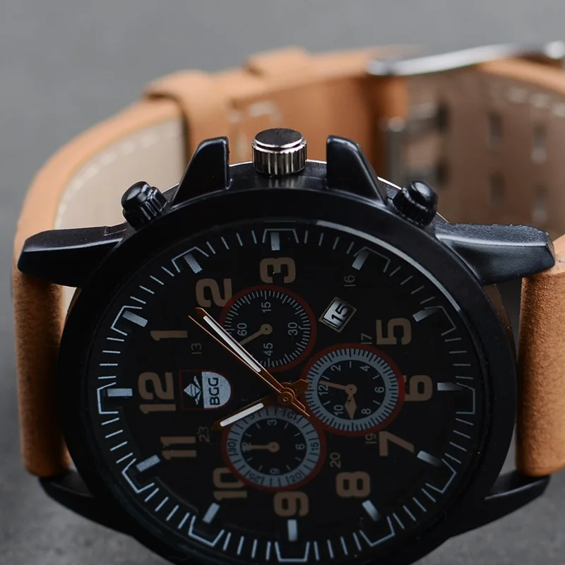 Новый Мода 2017 г. Золото Кварцевые часы для мужчин Военная Униформа кожаный