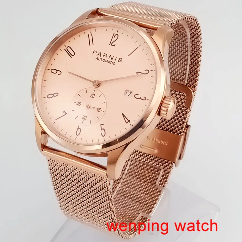 

41mm Parnis Date Rose Gold steel strap Case Asia Automatic Movement Men's Watch