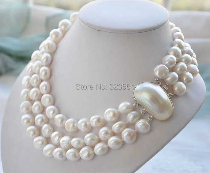 

3ROW 15mm BAROQUE WHITE FRESHWATER PEARL NECKLACE MABE