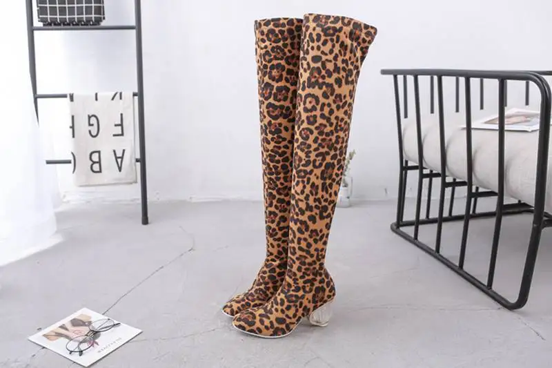 SIMLOVEYO Winter Autumn Winter Stretch Thigh high boots Leapord Strange heel Suede leather Round toe Slip on Shoes women Size 44