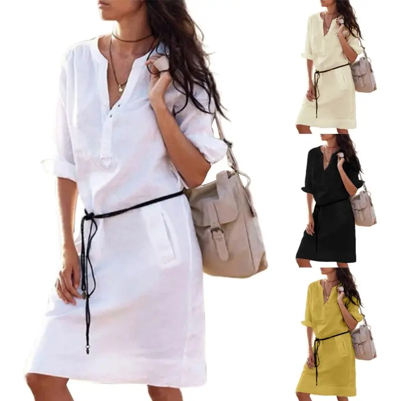 Women Plus Size Roll Long Sleeve Sexy Button V-Neck Midi Loose Blouse Dress Solid Color Holiday Beach Sundress With Pocket S-5XL