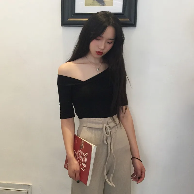 Short Solid Office Lady Off Shoulder Tshirt Elegant Women Shirts Backless Wryshoulder Crop Top Korean Style Clothes Tunic Tops | Женская