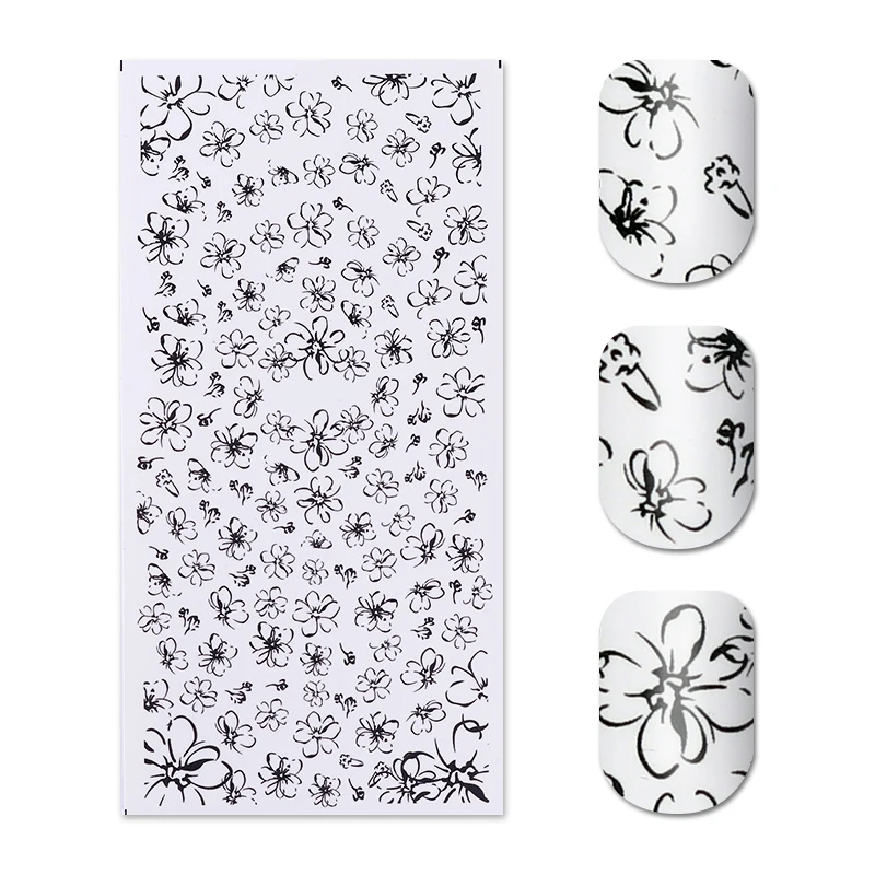 1 лист линии цветок воды Наклейка Черный Простой рисунок ногтей переводная