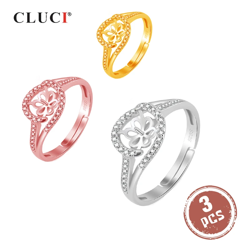 

CLUCI 3pcs 925 Sterling Silver Classic Women Zircon Rings Jewelry Silver 925 Pearl Ring Mounting Oval Adjustable Rings SR2129SB