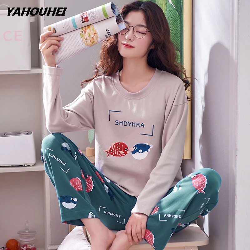 2jinyu Vlin huise Летняя Пижама размера плюс XXXL, женские пижамные комплекты с О-образным вырезом, мультяшный Пижамный костюм с длинным рукавом, Облегающий мягкий женский домашний костюм - Цвет: 2jinyu Vlin huise