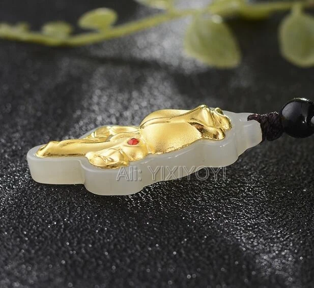 Beautiful Natural White Hetian Jade + 18K Solid Gold Inlaid Cute Rose Flower Amulet Lucky Pendant Free Necklace Fine Jewelry | Украшения и