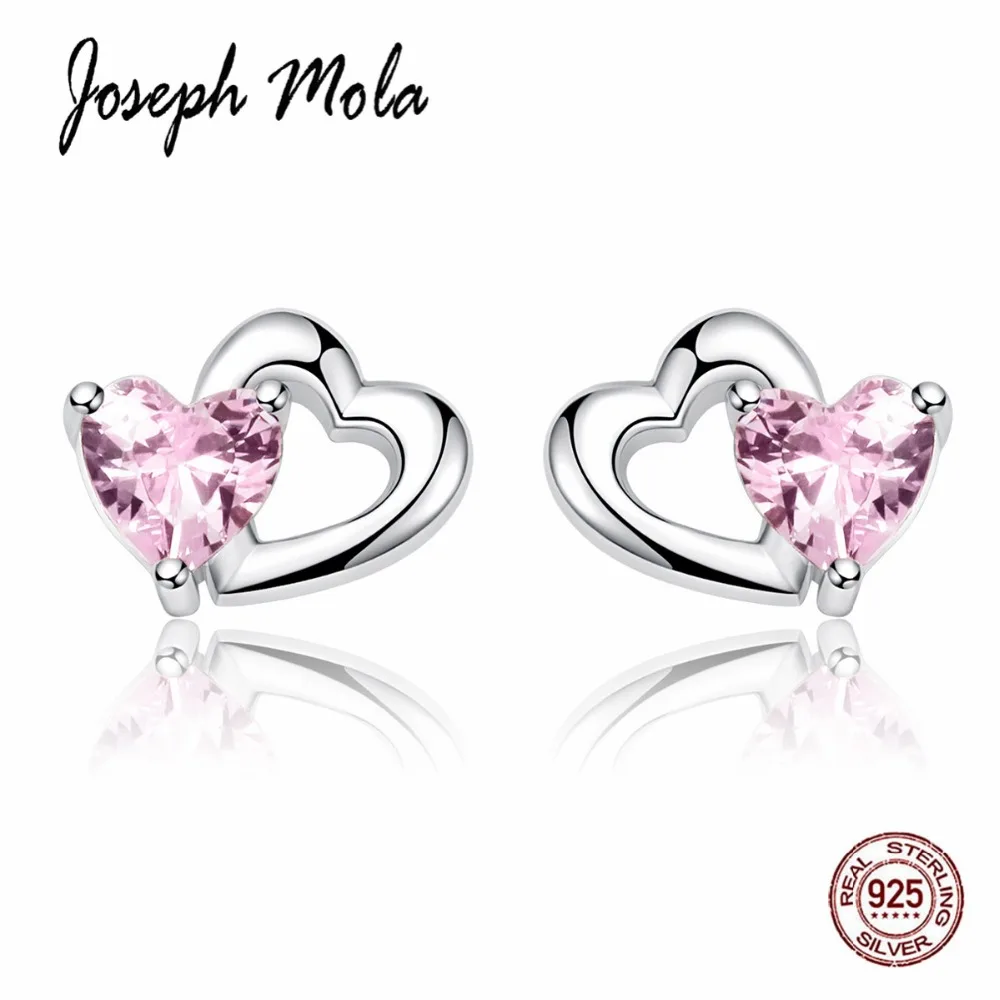 Joseph Mola 925 Sterling Silver Clear Pink Cute heart CZ Stone Stud Earrings for Women Party Anniversary Gift Girlfriend | Украшения и
