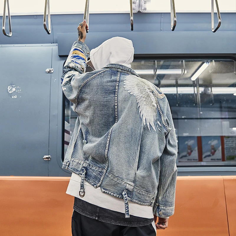 US Size Crane Embroidery Jeans Men Blue Coat Denim Jacket Orersize Loose Coats Vintage Hip Hop Fashion DG89 | Мужская одежда