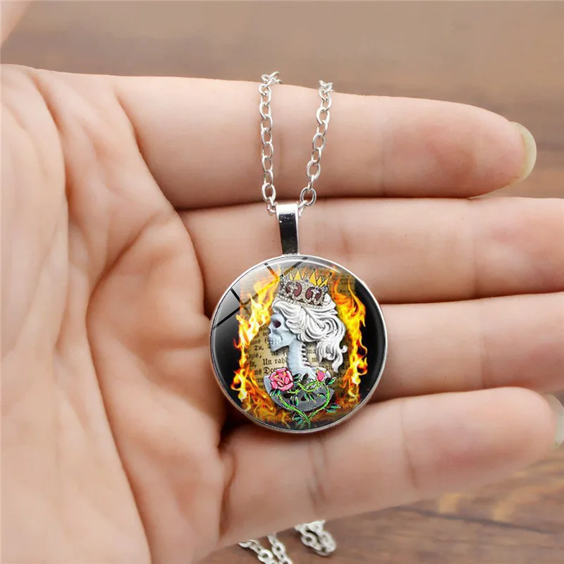 Новая корона королева Пламя Череп ожерелье Фото Кулон тату готический Цветок