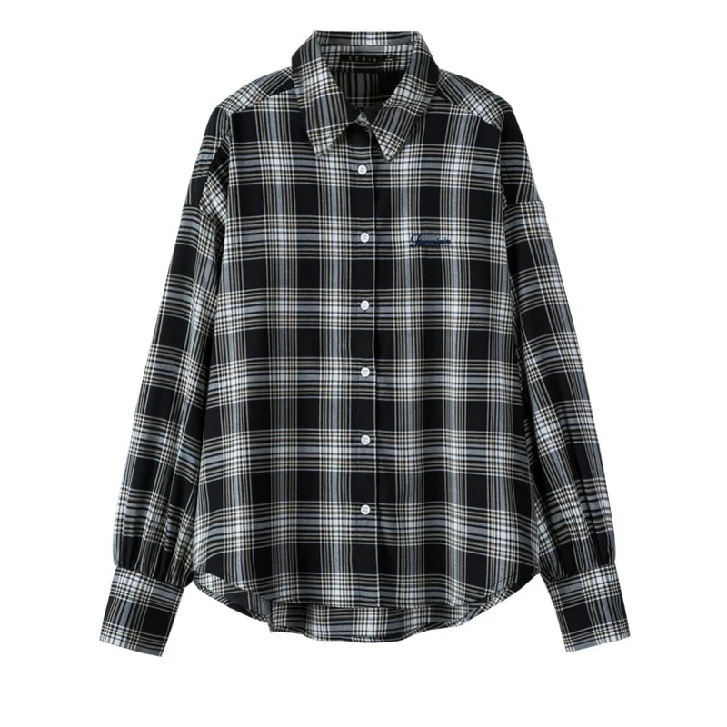 Black and white SEMIR Женская клетчатая длинная рубашка из хлопка, куртка с вышивкой, Женская длинная рубашка с отложным воротником и зауженной талией - Цвет: Black and white