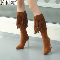 eokkar 2020 fringe knee high winter boots thin high heels 10cm pointed toe sexy thigh high boots sexy black boots big size 34 45