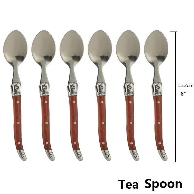 6pcs Teaspoon 6 шт., набор японской посуды Laguiole с деревянными ручками, столовые приборы, ножи для стейка, вилки, обеденная ложка, кофейная чайная ложка, ресторан, кухня - Цвет: 6pcs Teaspoon