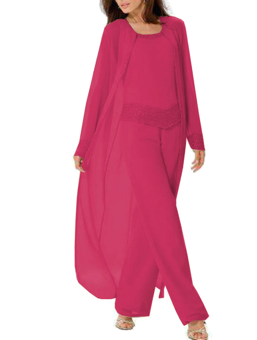 fuchsia Женский элегантный шифоновый костюм из 3 предметов с бусинами, платье для матери невесты, брючный костюм с длинным жакетом, наряд с длинными рукавами для свадьбы - Цвет: fuchsia