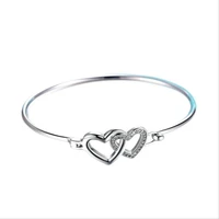 fashion lady silver plated bangles jewelry for women charm crystal double heart bracelets for girls wedding engagement bijou