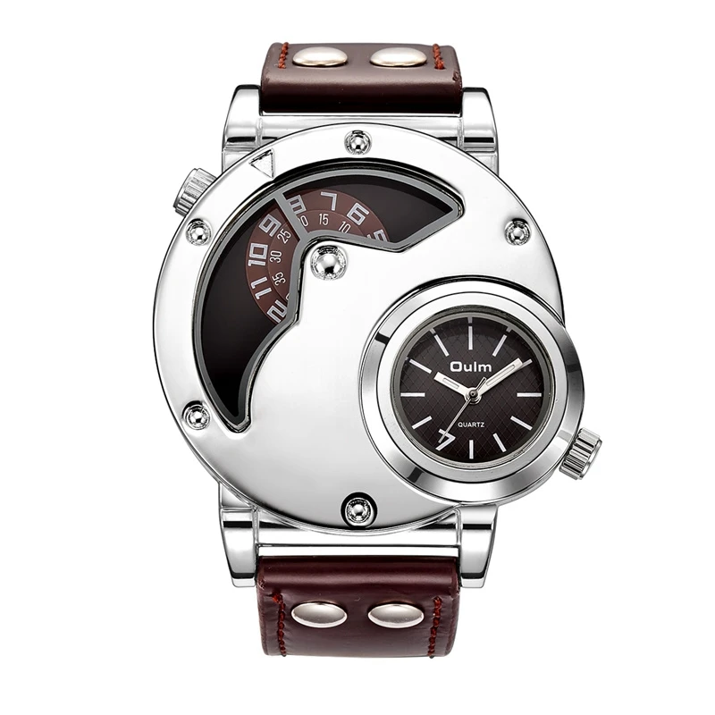 

Oulm New Silver Case HP9591 Men's Sport Watches Dual Time Zone Unique Design Male Quartz Hour Casual Leather Men Wristwatches