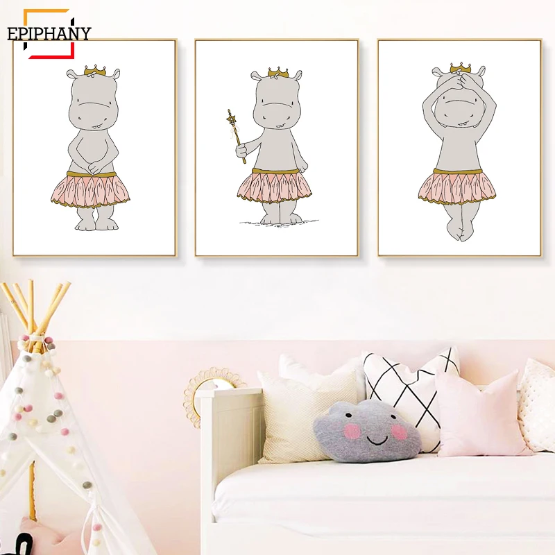 

Hippo Nursery Art Baby Hippos Ballerina Princesses Canvas Painting Girl Bedroom Posters and Prints Wall Pictures Anime Poster