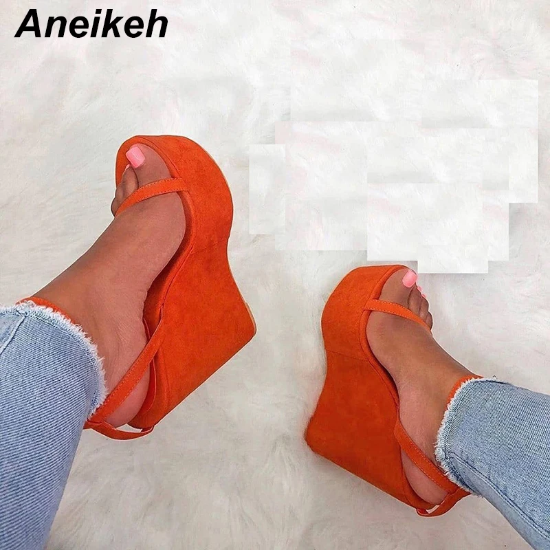 Aneikeh/; босоножки из искусственной кожи для отдыха; женские летние туфли на очень высокой танкетке; однотонные туфли на платформе с пряжкой и ремешком; цвет черный, оранжевый; Размеры 4-9
