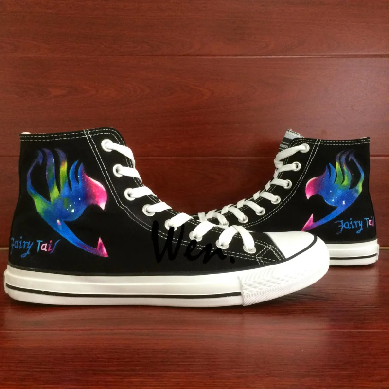 

Wen Black Hand Painted Canvas Sneakers Fairy Tail Colorful Logo Men Women Anime High Top Canvas Sneakers for Gifts
