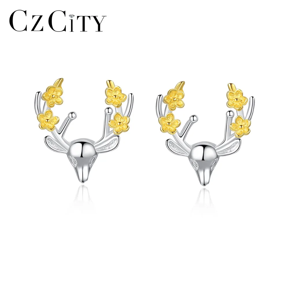 

CZCITY Trendy 925 Sterling Silver Christmas Deer Stud Earrings for Women with 18K Gold Plated Flowers Fine Jewelry Brincos Gifts