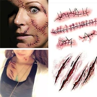 2pcs halloween removable 3d scary zombie tattoo costume makeup blood injury wound sticker waterproof fake scab halloween decor