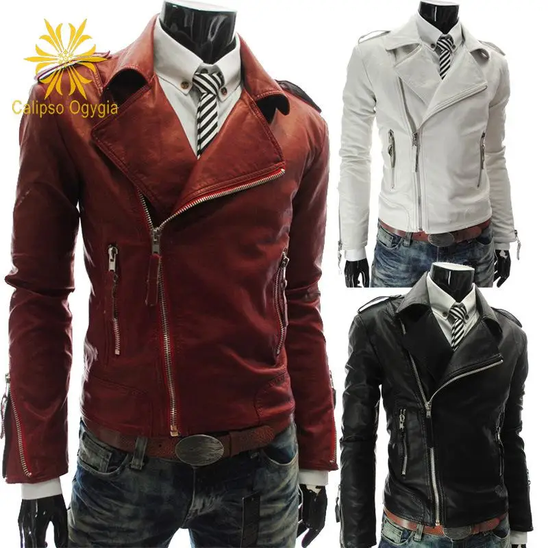 

Calipso Ogygia New Mens Jackets Stylish Slim Fit Hooded Men's Black Red White Motorcycle PU Leather Jacket Coat Outwear
