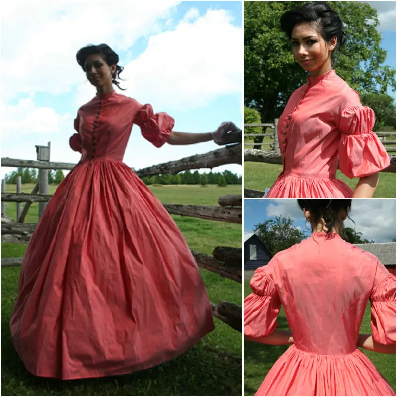 

History!Customer-made Pink Victorian dress 1860s Civil war Dress Scarlett Theater Costume Halloween Renaissance Dress V-496