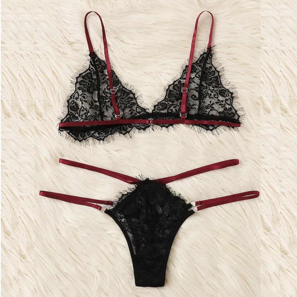 G-string porno Женское ночное белье модное женское сексуальное кружево с ресничками комплект нижнего белья черный бюстгальтер стринги Нижнее белье стринги эротический костюм