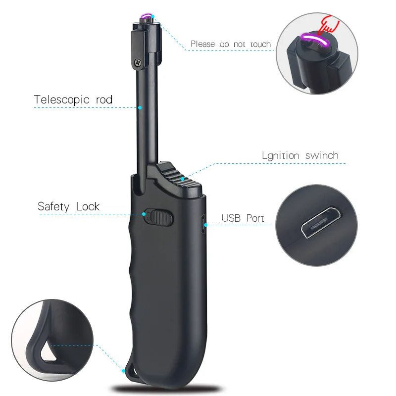 Фото USB беспламенная телескопическая дуговая горелка, зажигалка, специальный дизайн, ветрозащитные аксессуары для сигарет, кухонные принадлежности №3