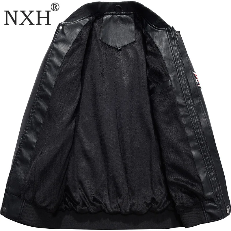 NXH Бейсбол jaket Для мужчин зимние Искусственная кожа куртки бомберы бархат Pu