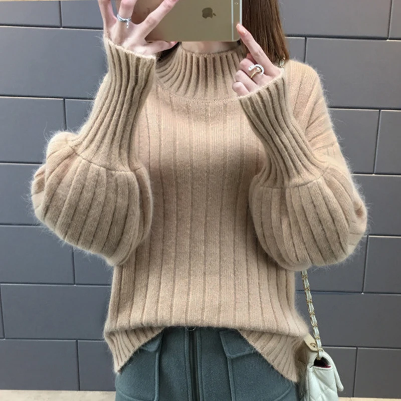 Lantern Sleeve Women Autumn Winter Sweater Solid Black White Turtleneck High Quality Warm Female Jumper Casual | Женская одежда