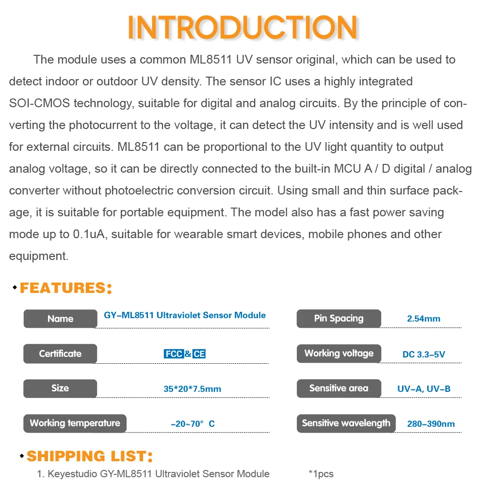 Keyestudio GY ML8511 Ультрафиолетовый сенсорный модуль для Arduino (черный и экологически