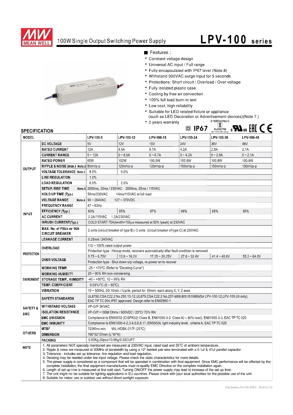 Источник питания с одним выходом MEAN WELL original LPV-100-48 48 В 2 1 А meanwell LPV-100 100 8 Вт |