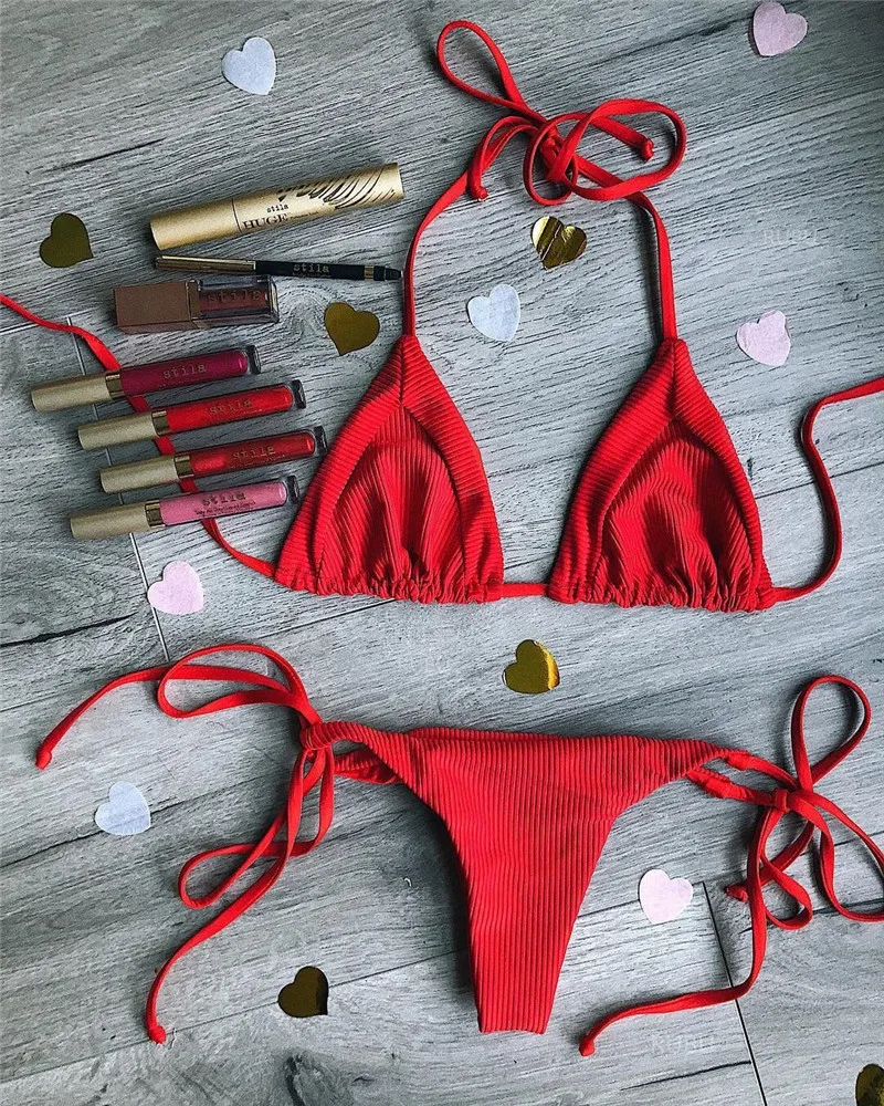 Bikinis 2018 Swimsuit Women Strappy Bandage Sexy Halter Solid Bikini Set Maillot De Bain Feme Bathing Suit Biquini | Женская одежда