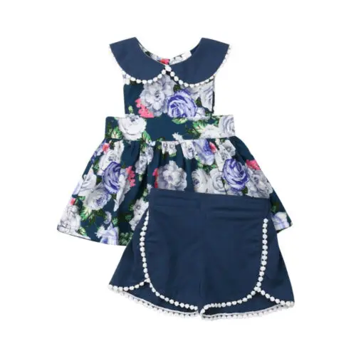 

Одежда для малышей, одежда для маленьких девочек, топы без рукавов с цветочным рисунком, шорты, штаны, комплект из 2 предметов, одежда для мал...