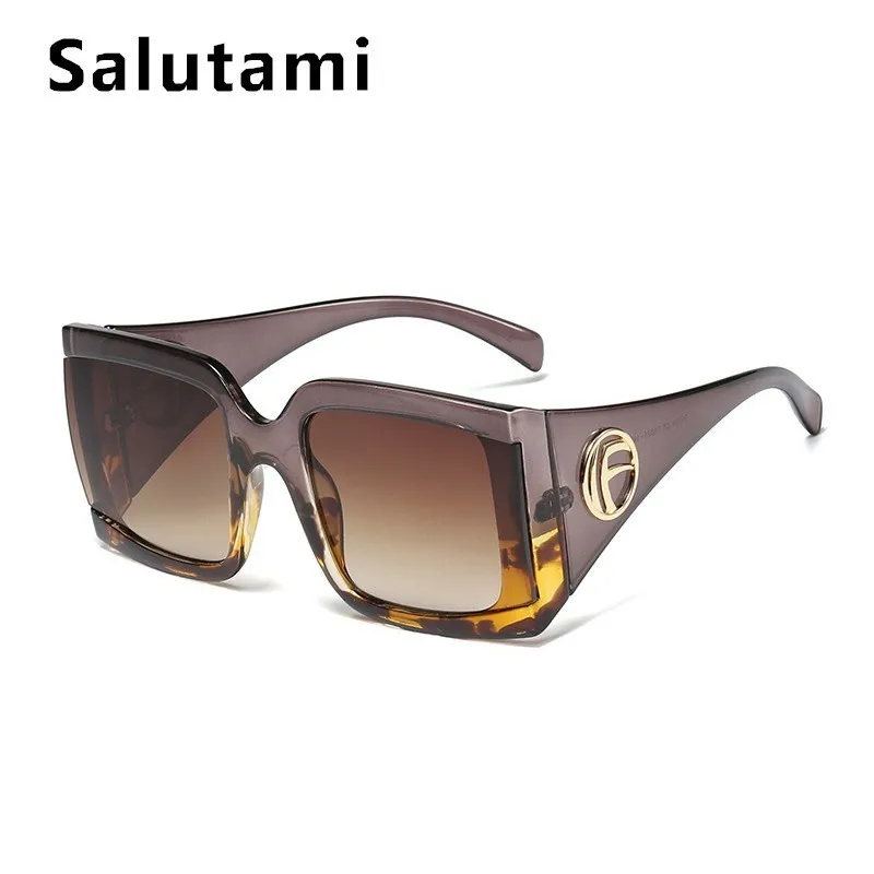 Wide Leg Oversized Sunglasses For Women Retro Print Letter Frame Celebrity Fashion Sun Glasses Men Black Square Eyewear Oculos - Lenses Color: gray leopard tea