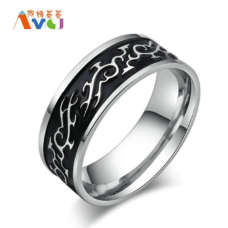 AMGJek кольцо из титановой стали мужское панк-украшение с черным эмалевым драконом и серебряным металлом внутри, размер США 7-11 JZ075.