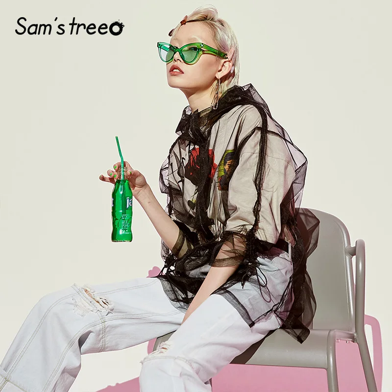 Samstree черная сетка свободное Женское пальто с капюшоном модное корейское Женское пальто на шнуровке летняя Солнцезащитная женская одежда